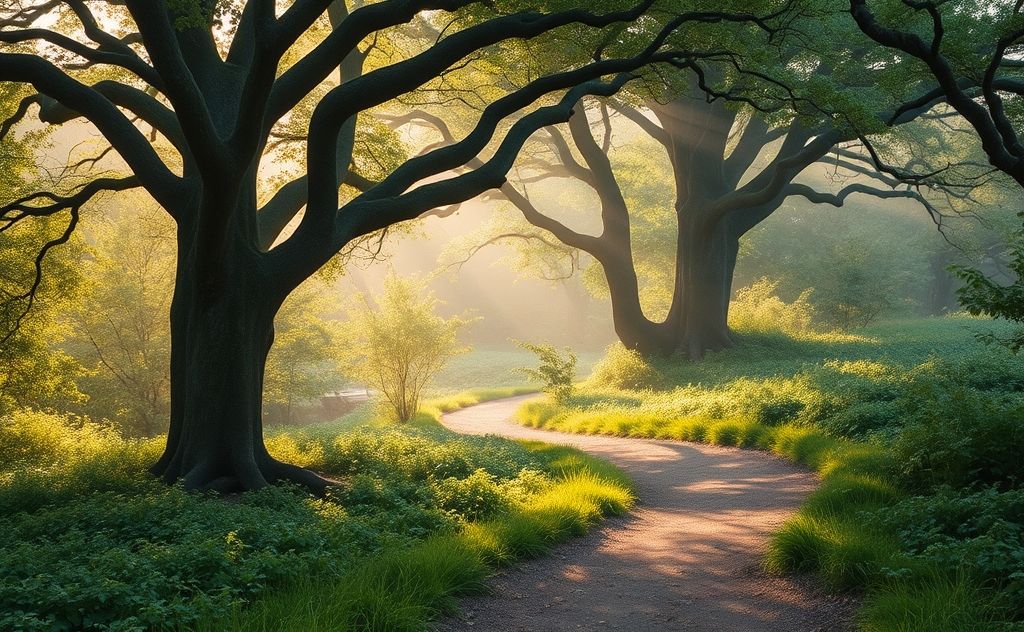 A serene landscape with a winding path leading into a mystical forest.
