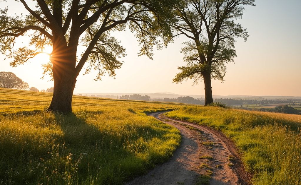 A serene landscape with a winding path leading to a distant horizon.