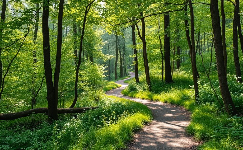 A serene landscape with a winding path through a tranquil forest.