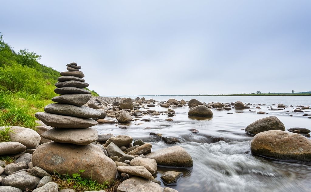 A serene landscape with balanced rocks and gentle water flow.
