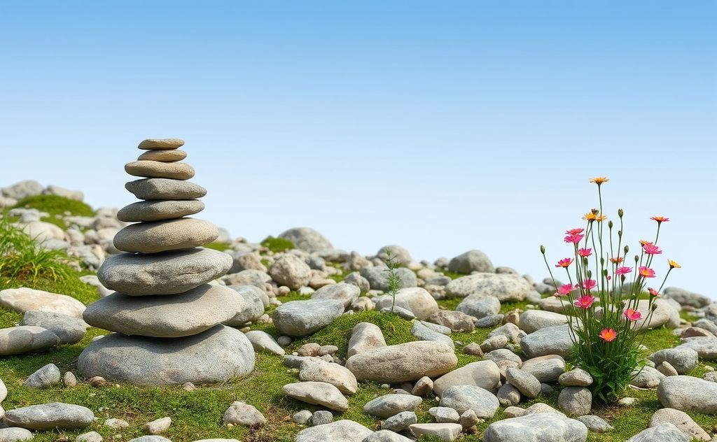 A serene landscape with balanced stones and blooming flowers.