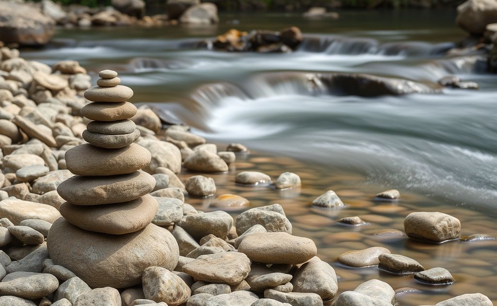 A serene landscape with balanced stones and gentle flowing water.