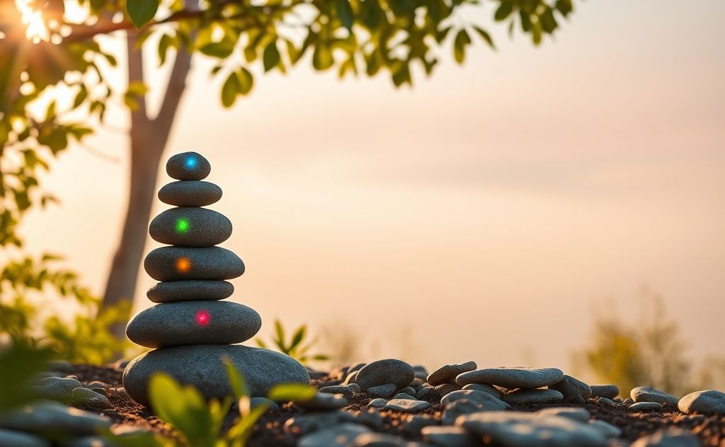 A serene landscape with balanced stones and vibrant chakras glowing.