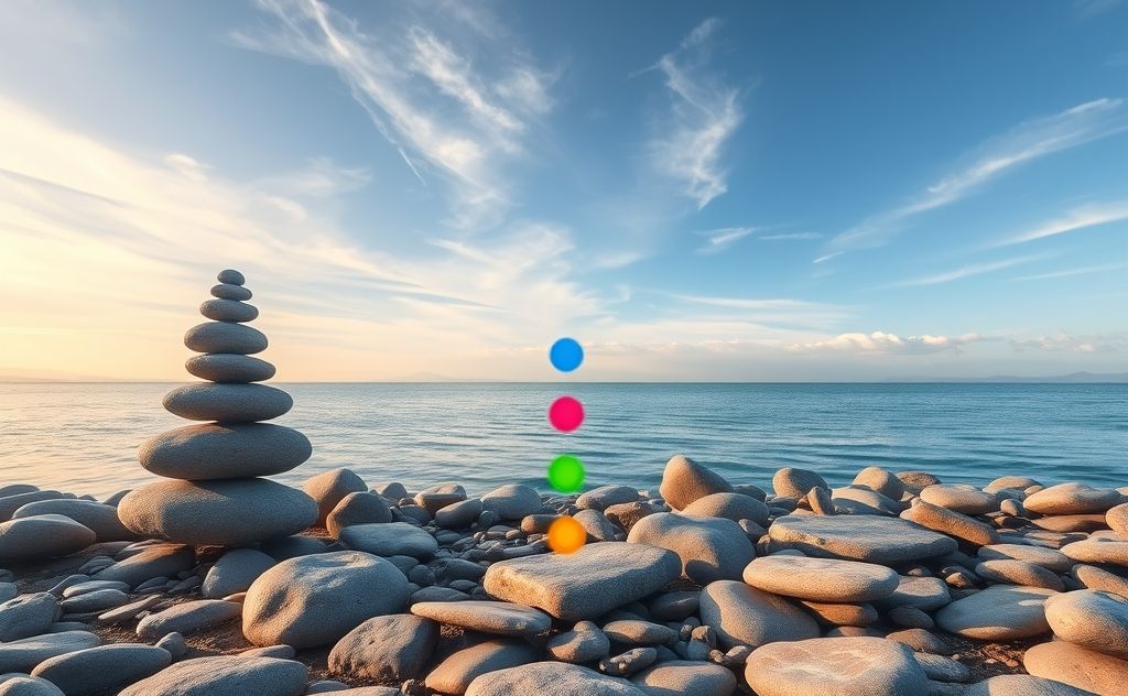 A serene landscape with balancing stones and vibrant chakra symbols.