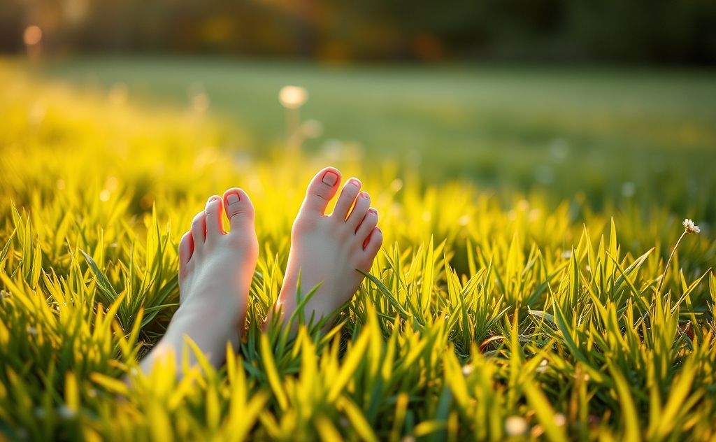 A serene landscape with bare feet on grass, connecting with nature.