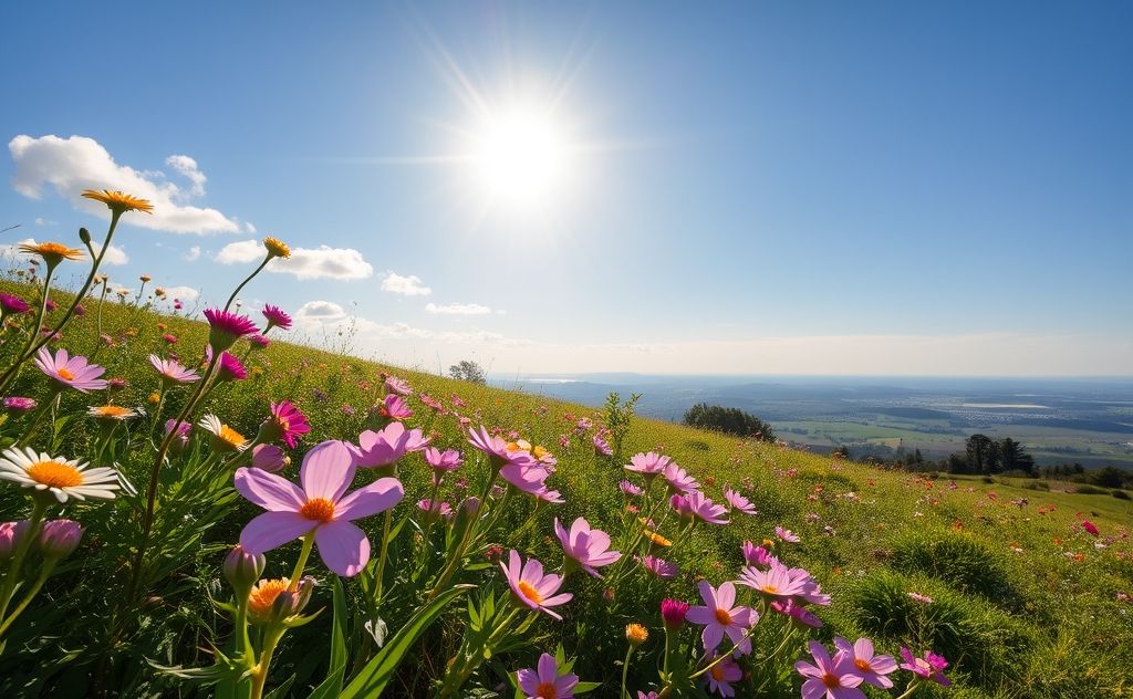 A serene landscape with blooming flowers and a bright sun.