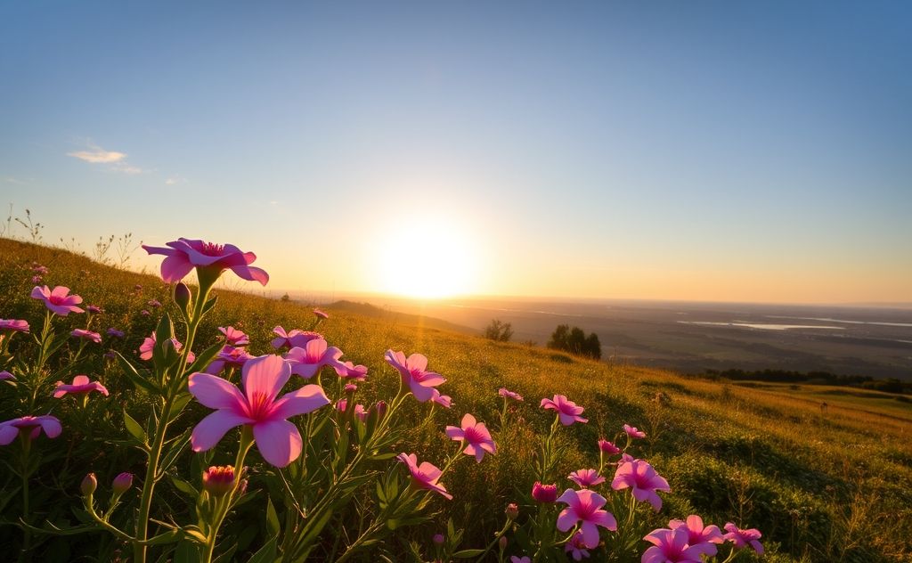 A serene landscape with blooming flowers and a bright sunrise.