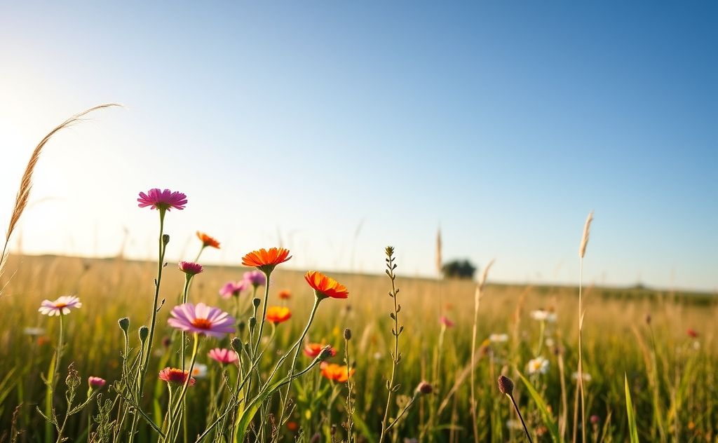 A serene landscape with blooming flowers and a gentle breeze.