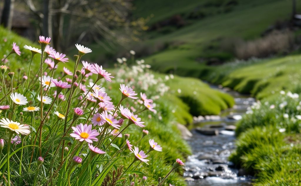 A serene landscape with blooming flowers and a gentle stream.