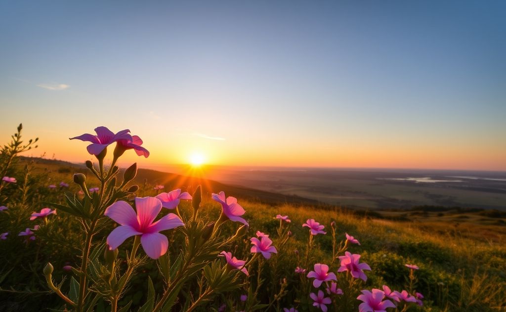 A serene landscape with blooming flowers and a glowing sunrise.