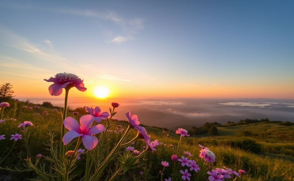 A serene landscape with blooming flowers and a peaceful sunrise.