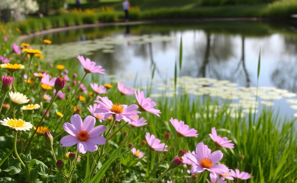 A serene landscape with blooming flowers and a reflective pond.