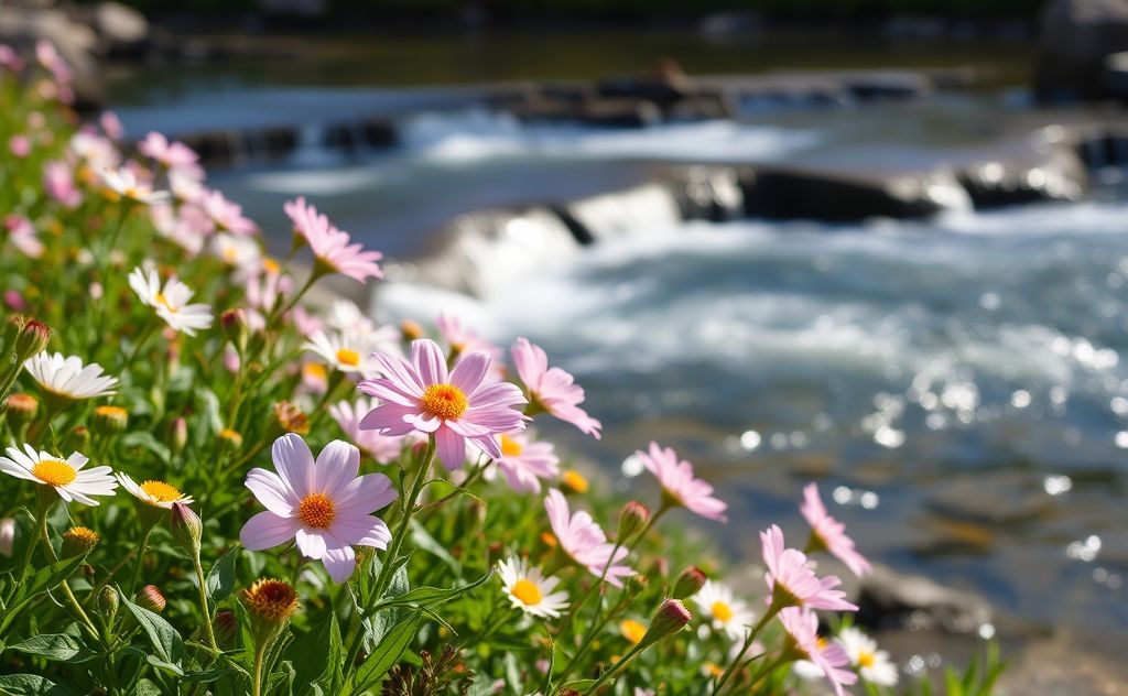 A serene landscape with blooming flowers and gentle flowing water.