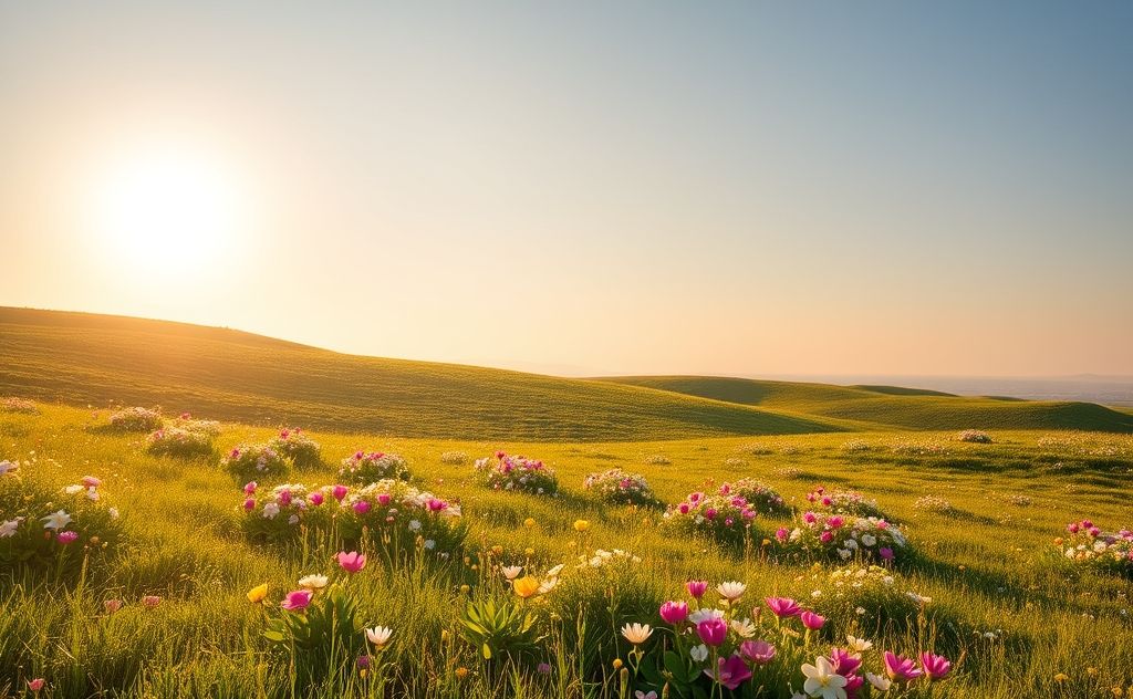 A serene landscape with blooming flowers and gentle sunlight.