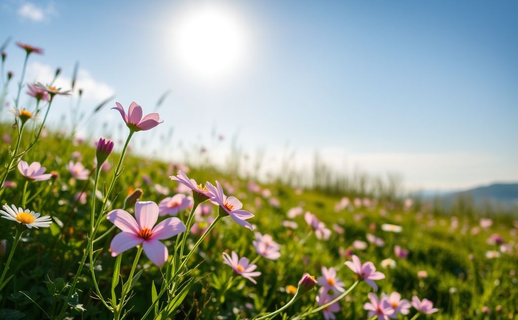 A serene landscape with blooming flowers and soft sunlight.