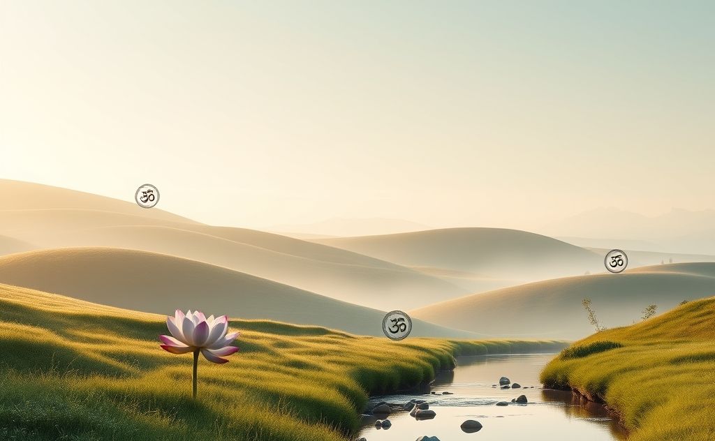 A serene landscape with calming elements and meditation symbols.