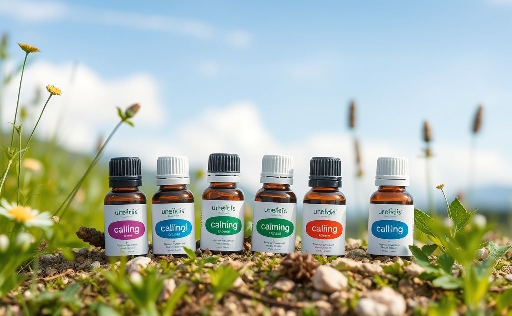 A serene landscape with calming essential oil bottles surrounded by nature.