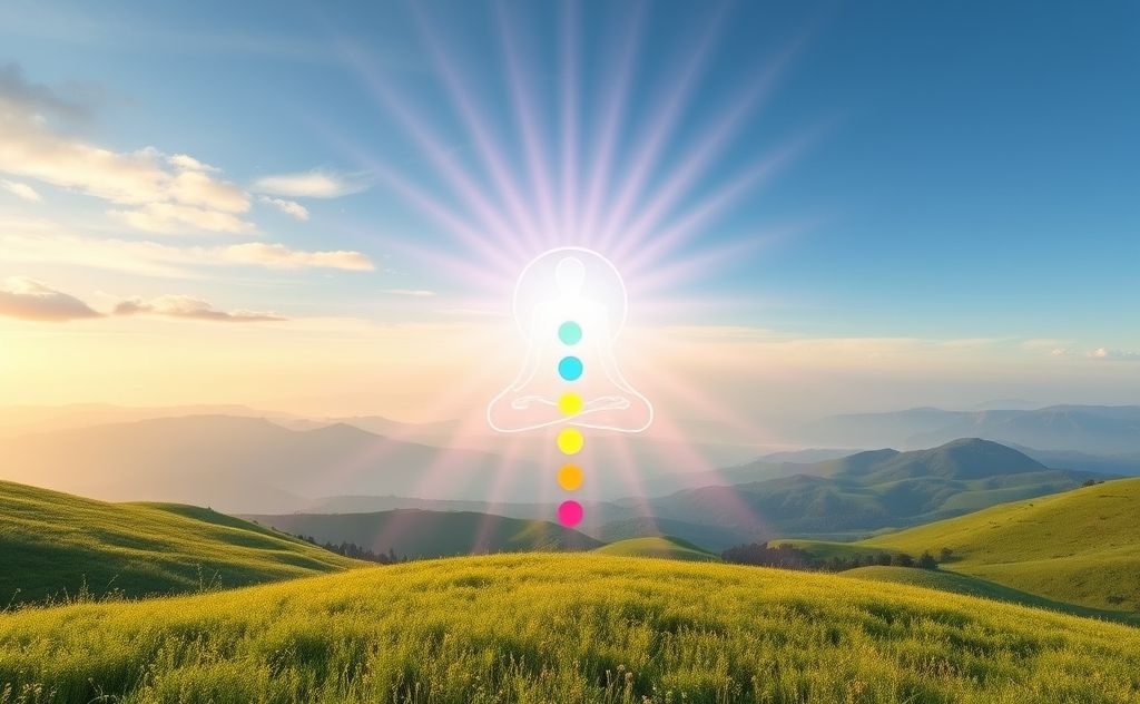 A serene landscape with chakra symbols radiating healing light.