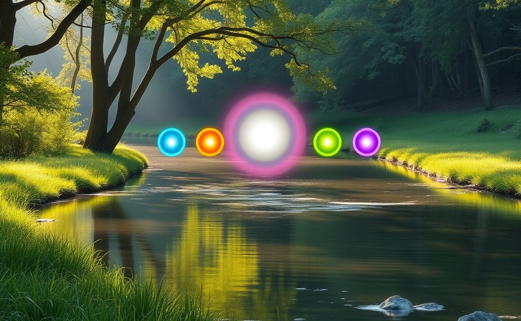 A serene landscape with chakras represented as colorful orbs.