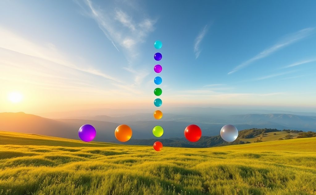 A serene landscape with chakras represented by colorful orbs aligned vertically.