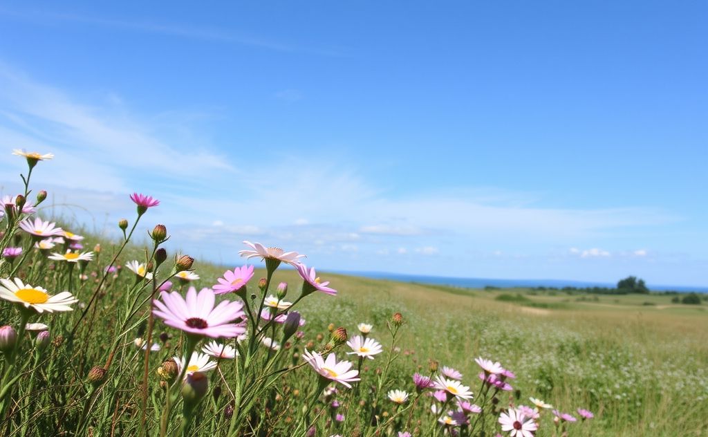 A serene landscape with clear skies and blooming flowers.