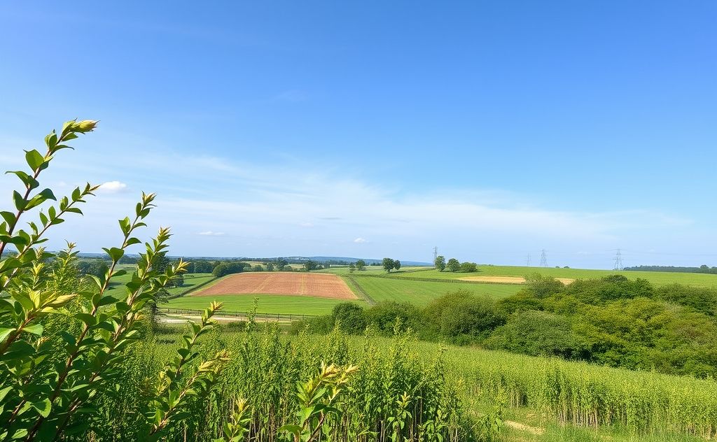 A serene landscape with clear skies and fresh greenery promoting clean air.