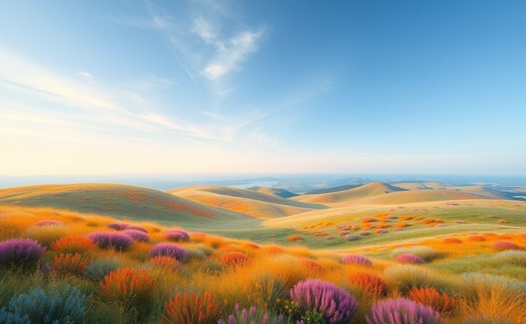 A serene landscape with colorful abstract patterns representing calmness.