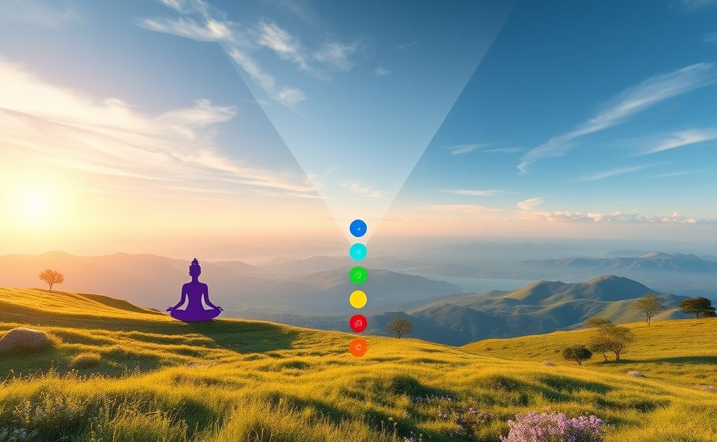 A serene landscape with colorful chakra symbols and meditative elements.