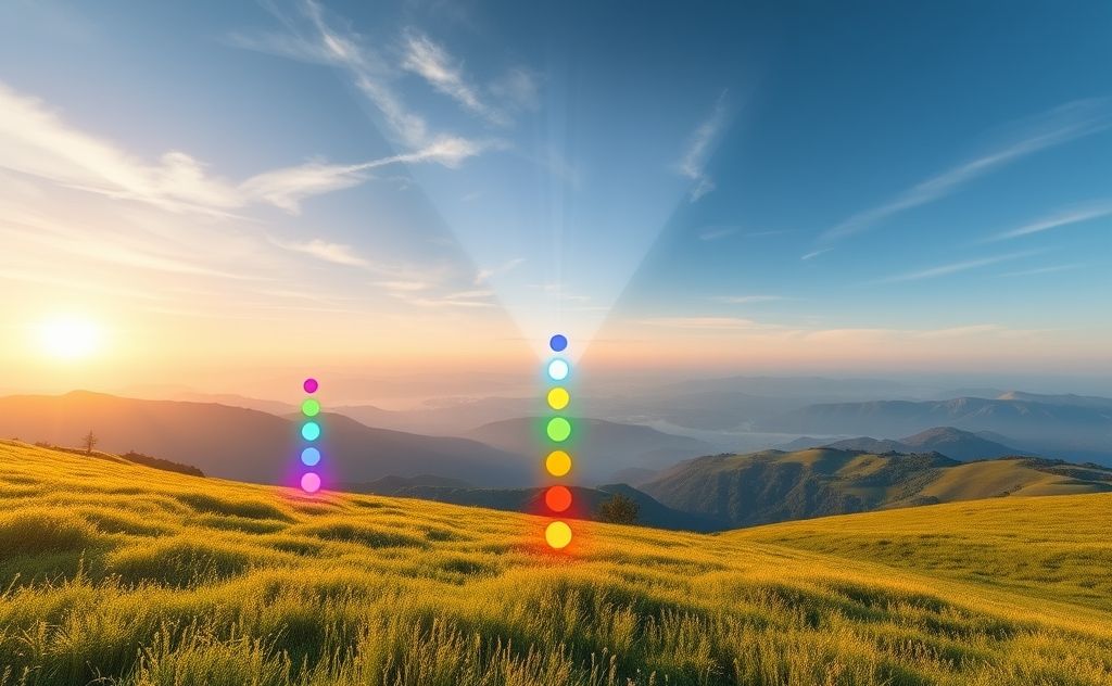 A serene landscape with colorful chakra symbols glowing in harmony.