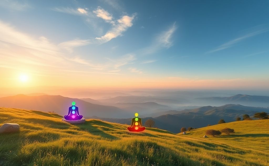 A serene landscape with colorful chakra symbols glowing softly.