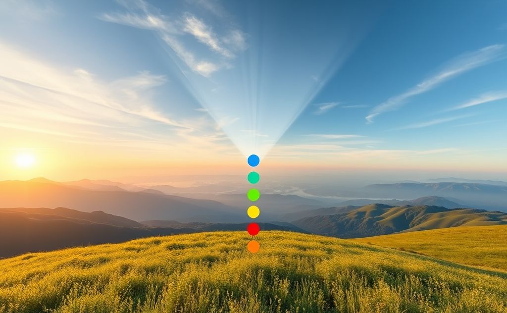 A serene landscape with colorful chakra symbols harmonizing together.
