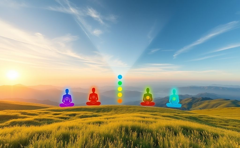 A serene landscape with colorful chakra symbols in harmony.