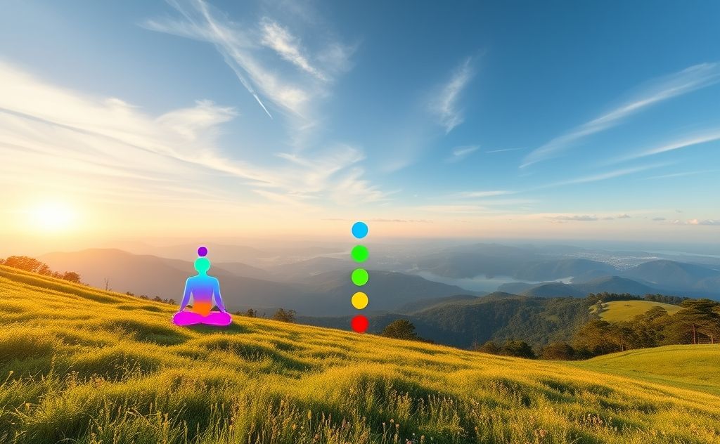 A serene landscape with colorful chakra symbols in nature.
