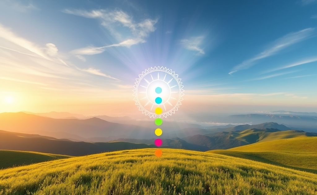 A serene landscape with colorful chakra symbols radiating energy.