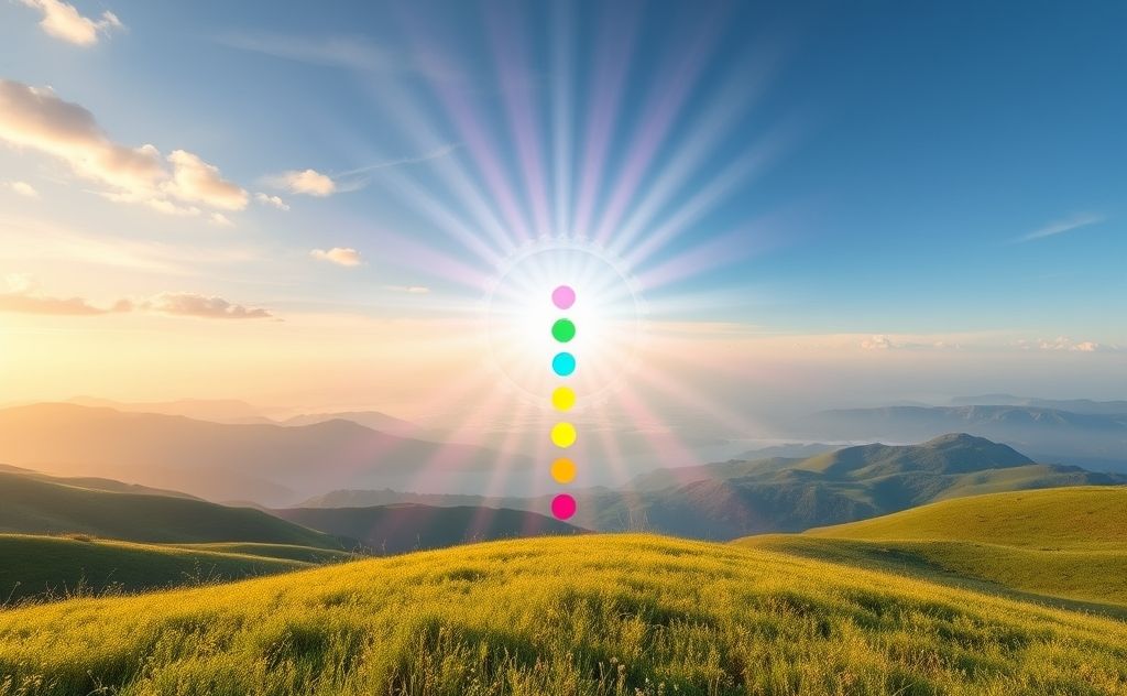A serene landscape with colorful chakra symbols radiating light.