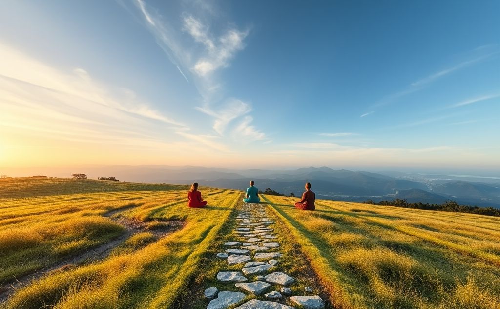 A serene landscape with colorful chakras aligned along a meditation path.