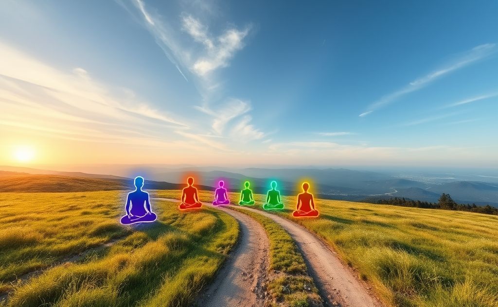 A serene landscape with colorful chakras aligned along a path.