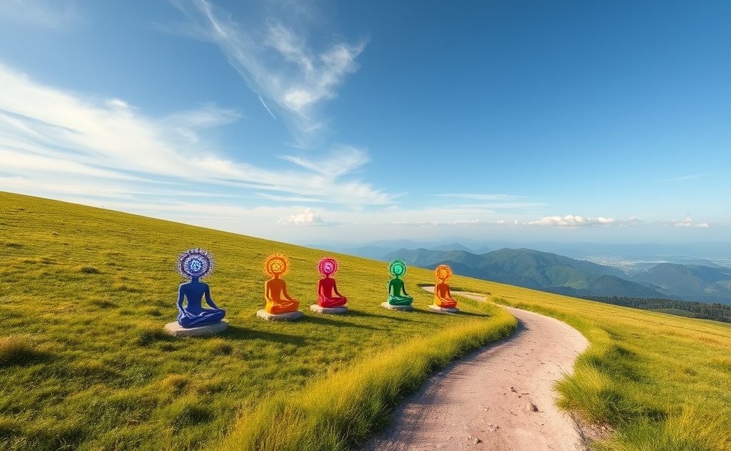 A serene landscape with colorful chakras aligned along a winding path.