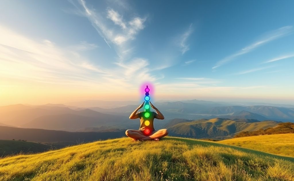 A serene landscape with colorful chakras aligned in a meditative pose.