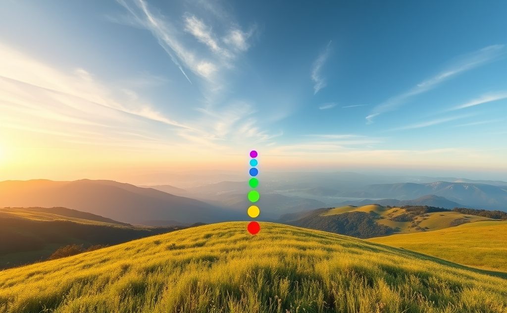 A serene landscape with colorful chakras aligned in harmony.