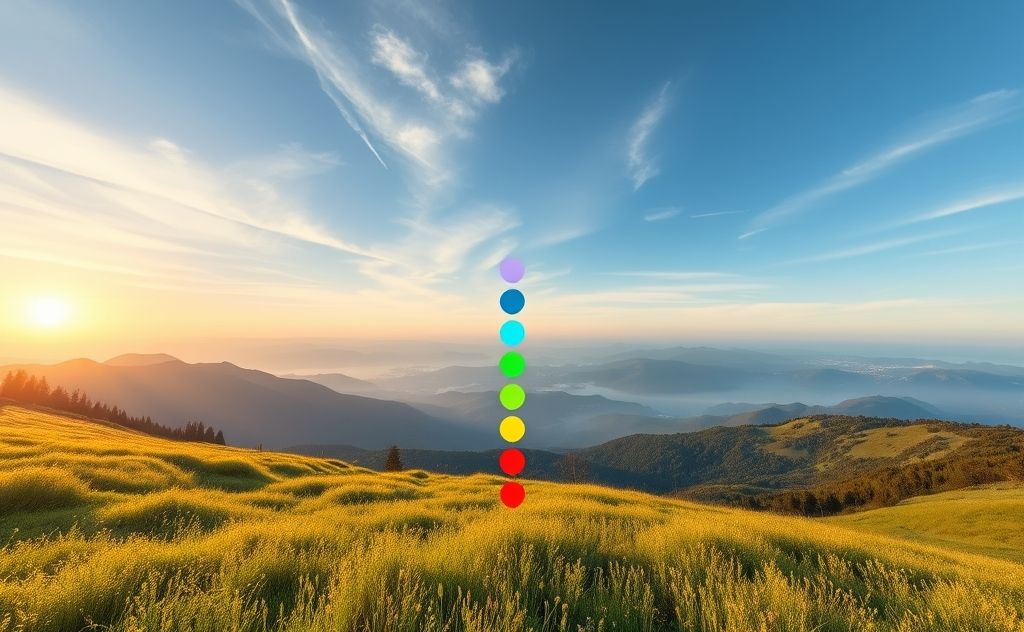 A serene landscape with colorful chakras aligned in nature.