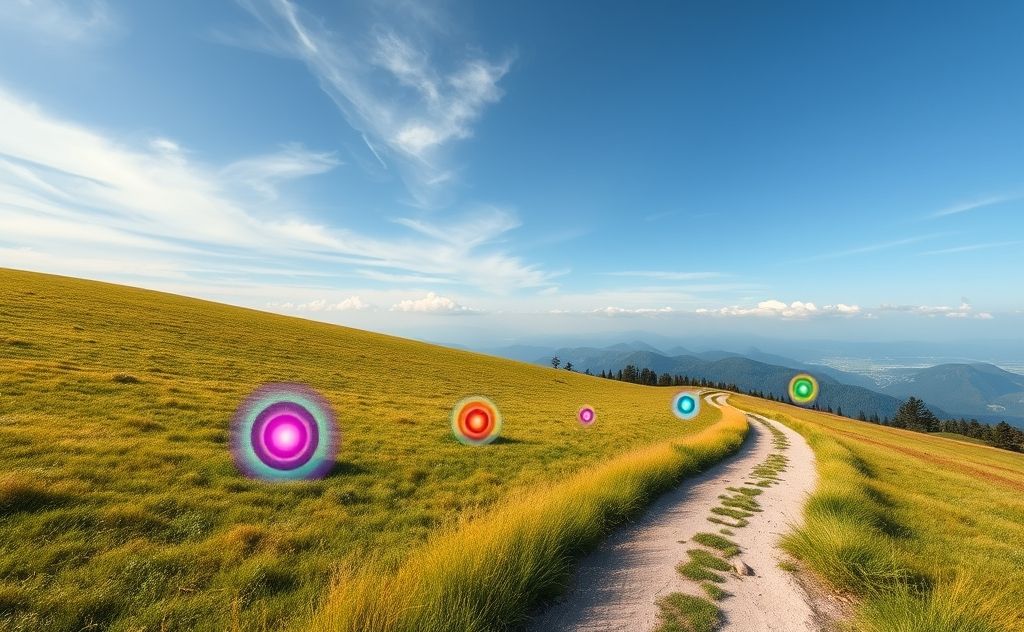 A serene landscape with colorful chakras along a winding path.