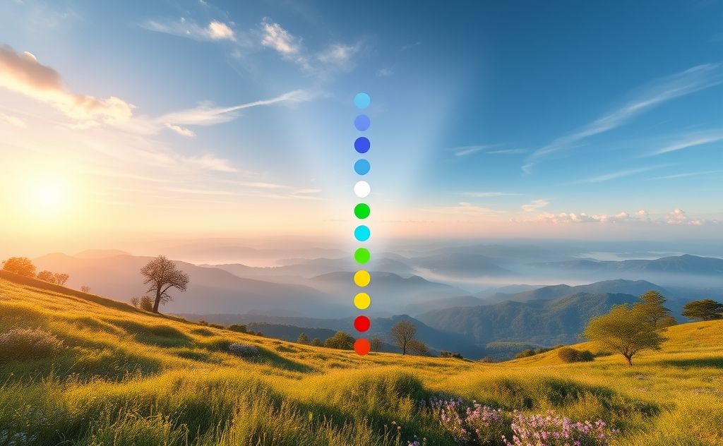 A serene landscape with colorful chakras and soothing nature elements.