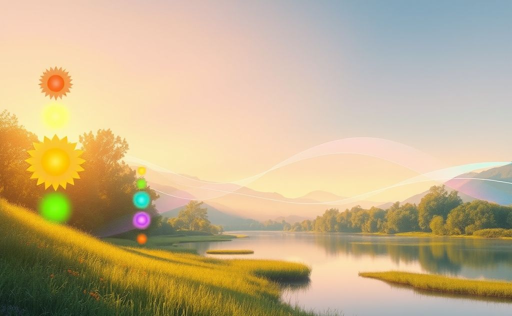 A serene landscape with colorful chakras and sound waves emanating.