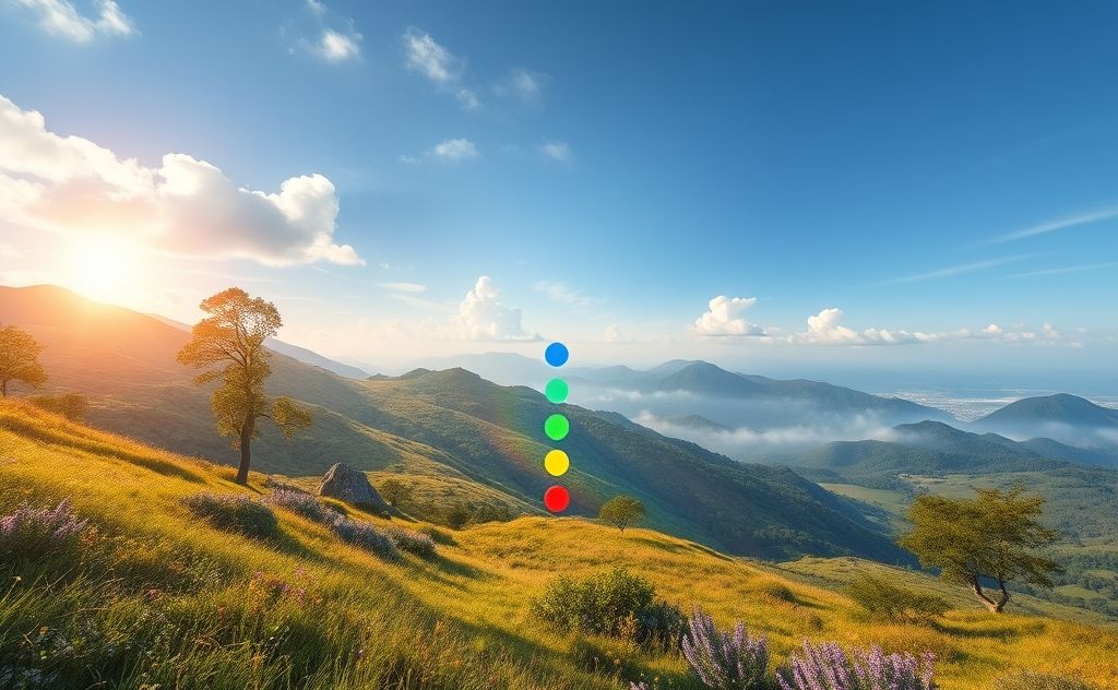 A serene landscape with colorful chakras flowing through nature.