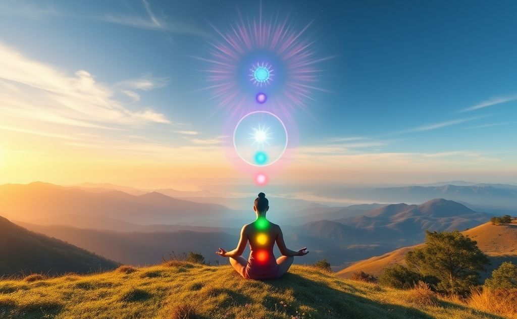 A serene landscape with colorful chakras glowing above a meditative figure.