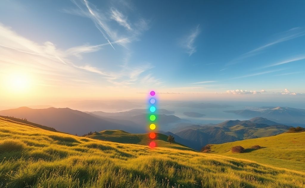 A serene landscape with colorful chakras glowing in harmony.