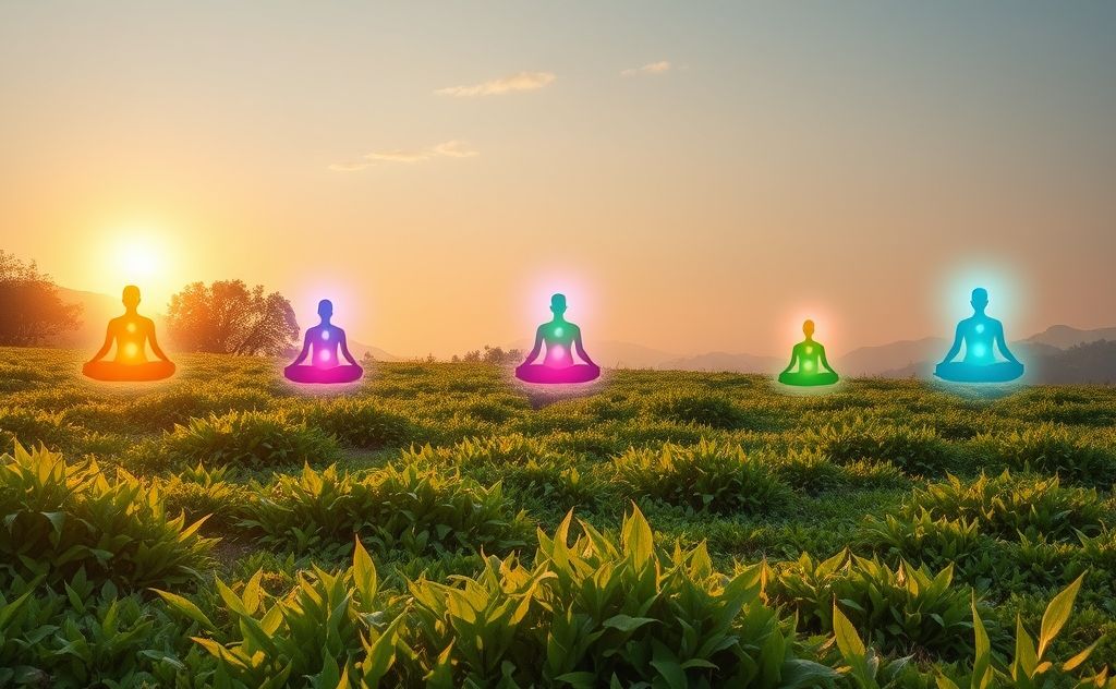 A serene landscape with colorful chakras radiating energy and harmony.