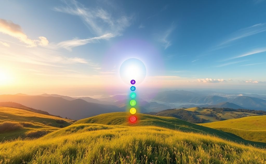 A serene landscape with colorful chakras radiating energy in harmony.