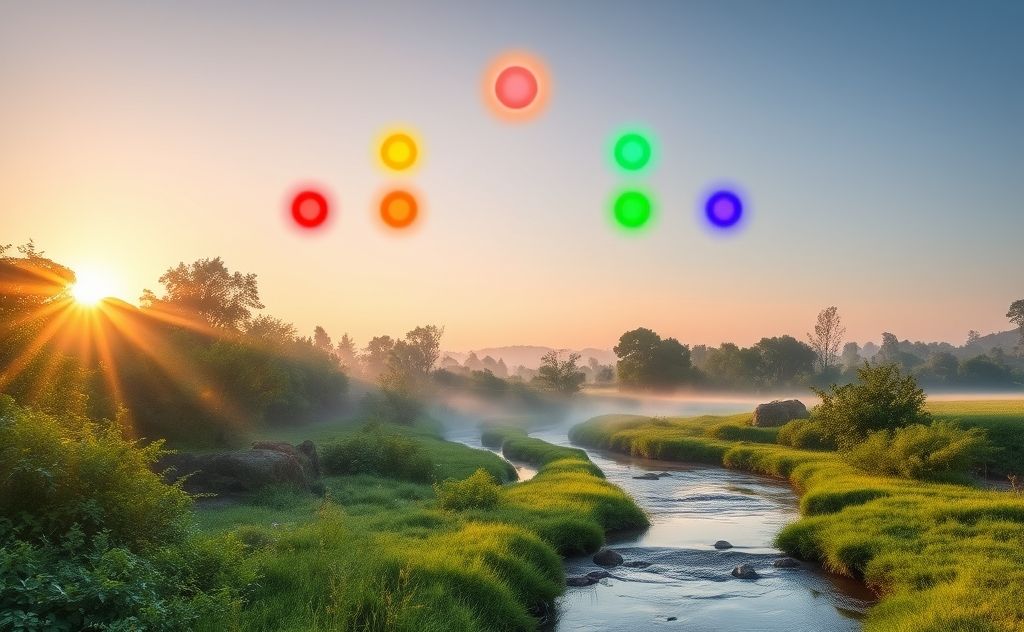 A serene landscape with colorful chakras radiating harmony.